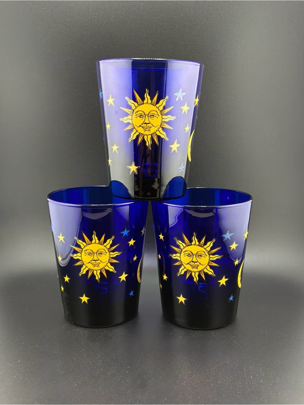 Vintage Libbey Celestial cobalt blue glass tumblers set of 3
